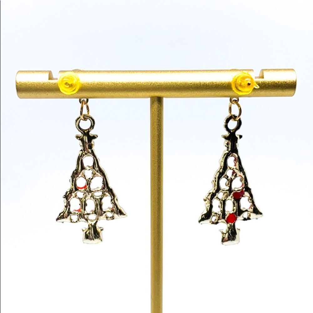 Christmas Tree Red Gold Enamel Rhinestone Earring - Picture 6 of 6